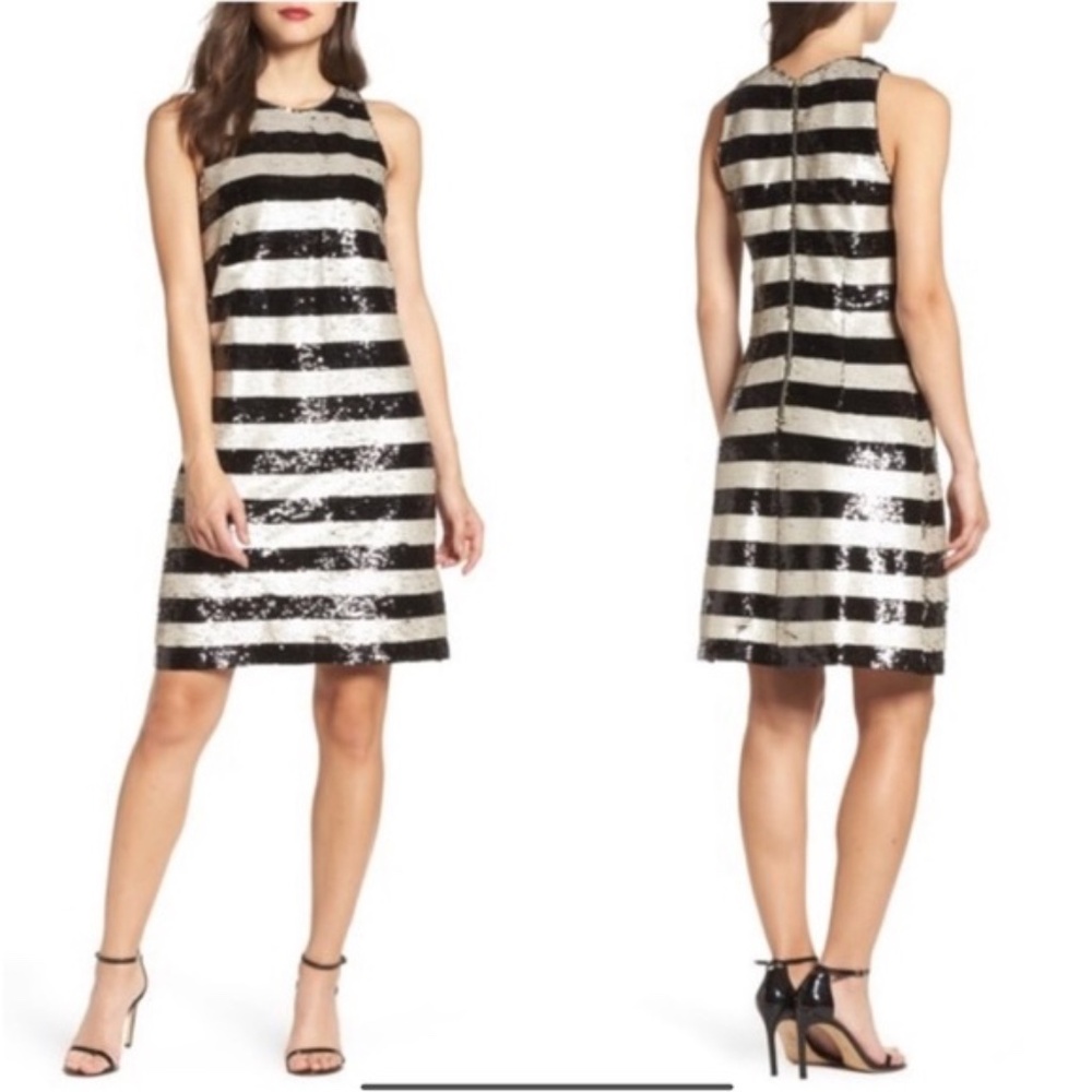 New Women's Size 2 Eliza J Reversible Black Gold White Sequin Stripe Shift Dress